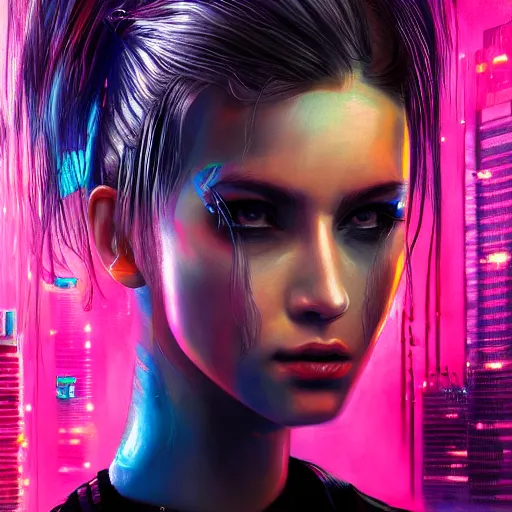 Prompt: a hyperrealistic painting of a beautiful girl, cyberpunk, highly detailed, sharp focus, synthwave