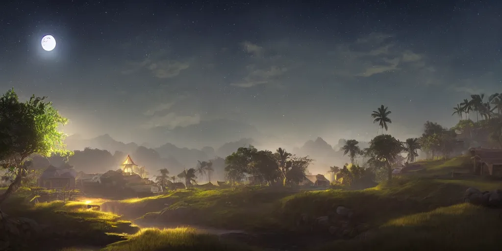 Image similar to Lively moonlit landscape of a kerala village, realistic detailed digital art by Maxwell Boas Jessica Rossier Christian Dimitrov Anton Fadeev trending on Artstation CGSociety rendered in Unreal Engine 4k HQ