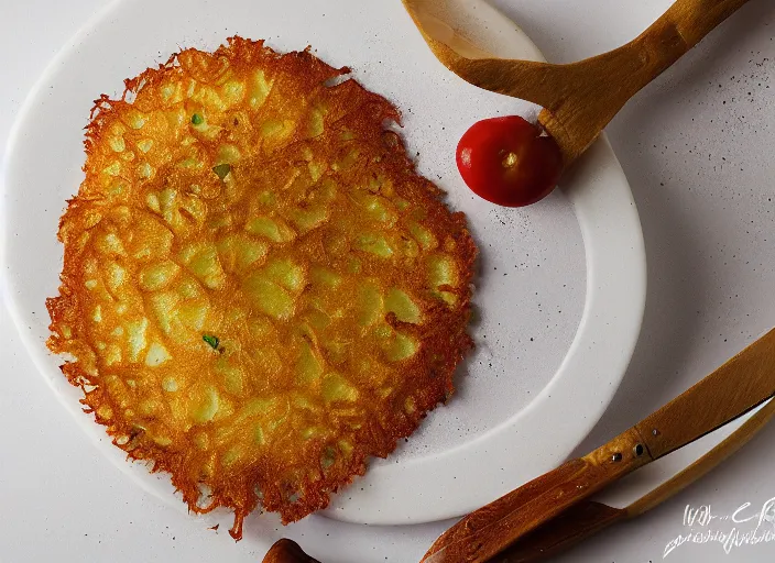 Image similar to potato pancake, professional food photography, studio lighting, plating