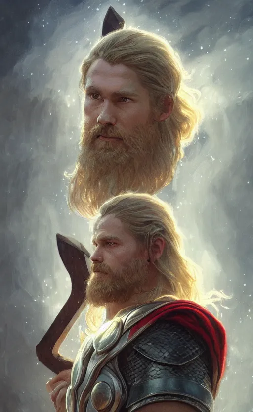 Image similar to portrait of thor, norse mythology, god, mjolnir, intricate, headshot, highly detailed, digital painting, artstation, concept art, sharp focus, cinematic lighting, illustration, art by artgerm and greg rutkowski, alphonse mucha, cgsociety