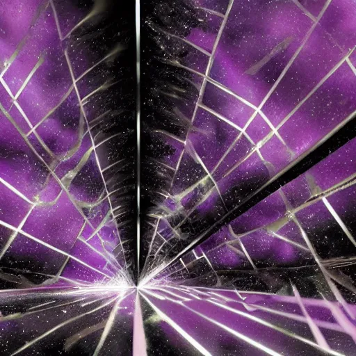 Prompt: a dark matter wind and dust pieces of purple sky with a black sun falls to the ground and breaks into fragments, metallic light, futurism, schizophrenia, hyperrealistic fall, closed limbo room, the matrix broke into mirror fragments