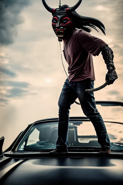 Image similar to guy with oni mask walkin on empty hood, photorealistic, smooth, 4 k, aesthetic lighting, baroque object, hyperdetailed, professional photography, pullitzer winning, photo by : canon eos 5 d mark iv, by karah mew and adnan abidi