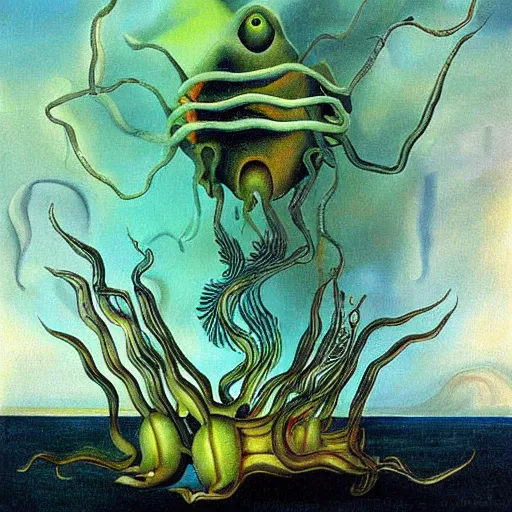 Prompt: deep sea plant life creature, surreal painting, dali style,