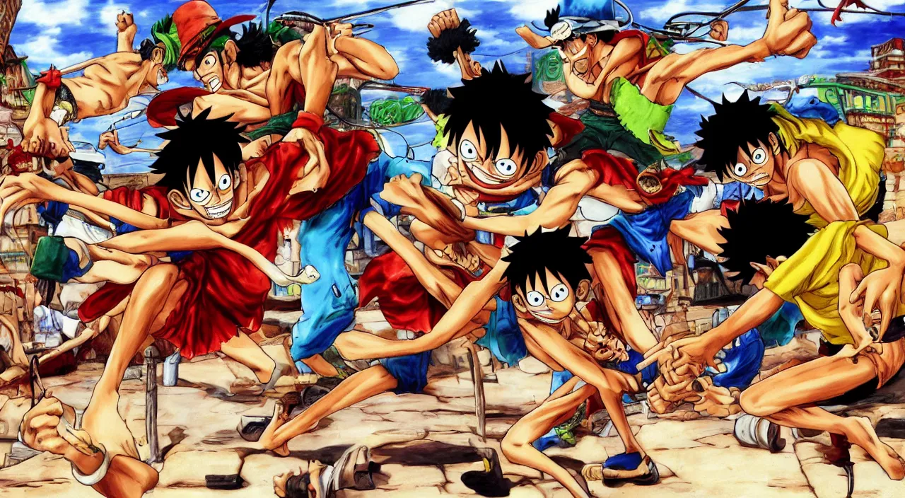 Image similar to Monkey D. Luffy and Roronoa Zoro fighting in Street Fighter III (1997)