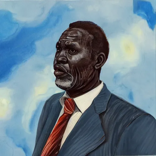 Prompt: a painting of a fatherly wide forehead, round face, XXL , loving, caring, generous, ever-present, humble, wise elder from Kenya in a suit by Wangechi Mutu . Fatherly/daddy, focused, loving, leader, relaxed, ethereal blue heavenly lights, details from behind, smooth, sharp focus, illustration, realistic, cinematic, artstation, award winning, rgb , unreal engine, octane render, cinematic light, macro, depth of field, blur, red light and clouds from the back, highly detailed epic cinematic concept art CG render made in Maya, Blender and Photoshop, octane render, excellent composition, dynamic dramatic cinematic lighting, aesthetic, very inspirational, arthouse.