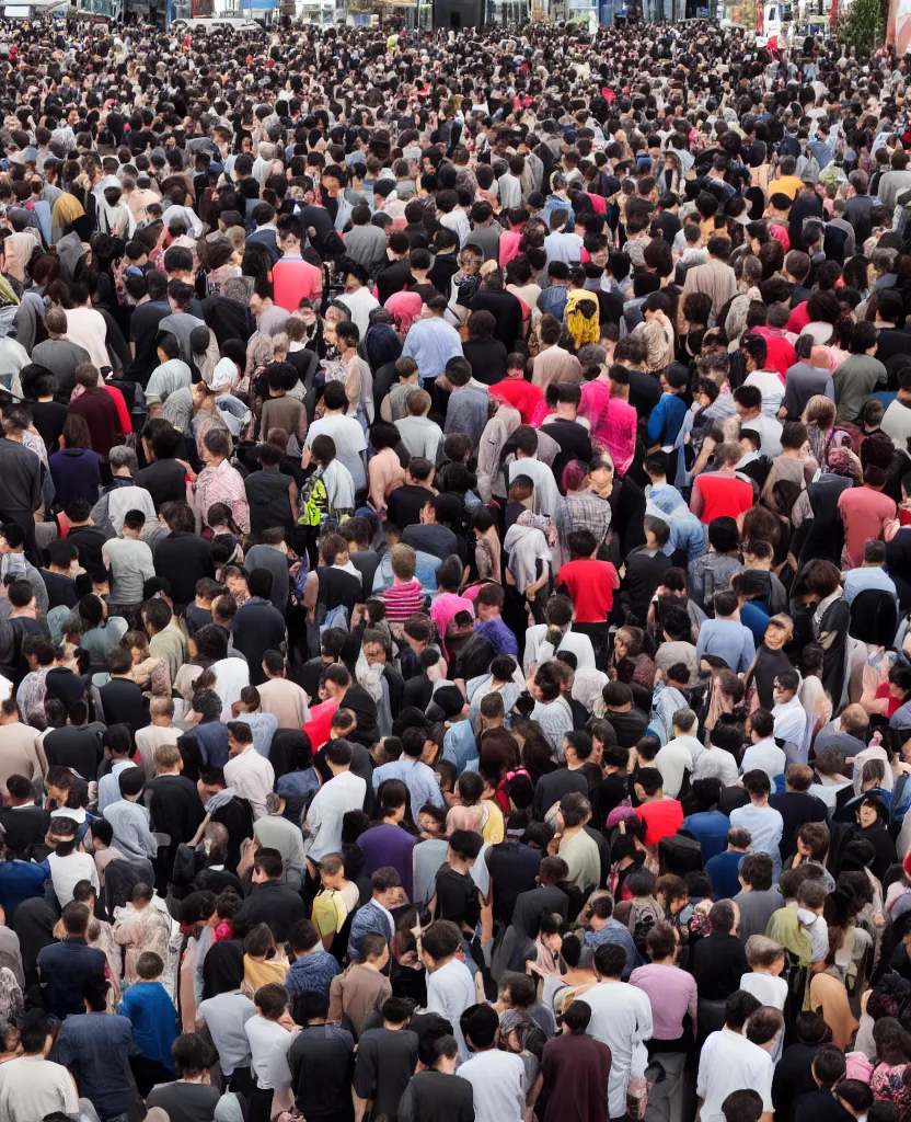 Prompt: many people gathered and crowded in a small constricted place