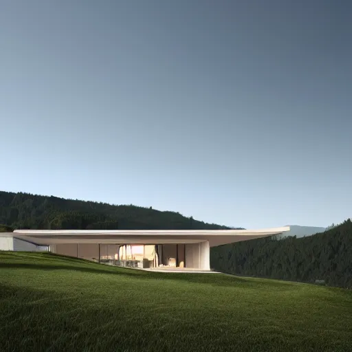 Image similar to Villa on the side of a hill. Designed by Peter Zumthor. Octane render. 8k. High detail.