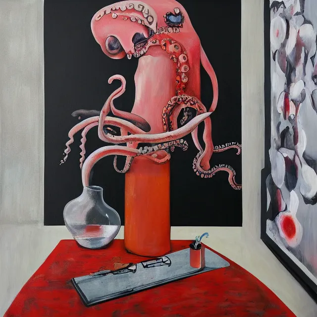 Image similar to empty room with black walls, sensual portrait of a female pathologist, broken vase of flowers and water, octopus, squashed berries, neo - expressionism, surrealism, acrylic and spray paint and oilstick on canvas