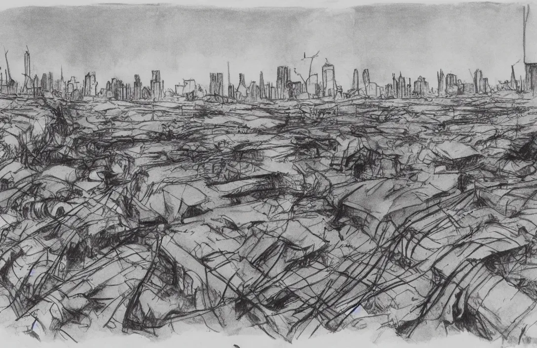 Image similar to milt kahl sketch of world war 1 trenches with the city of miami in the background