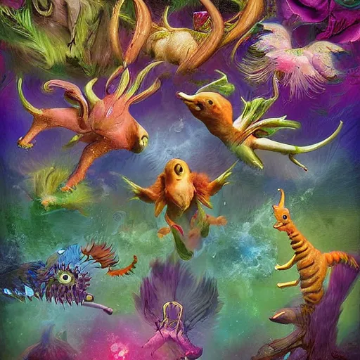 Image similar to joyful, doom by thomas dodd tan. a beautiful digital art of a group of creatures that looks like a mix of different animals. most of the creatures have human - like features, such as arms & legs, & some are standing upright while others are crawling or flying.