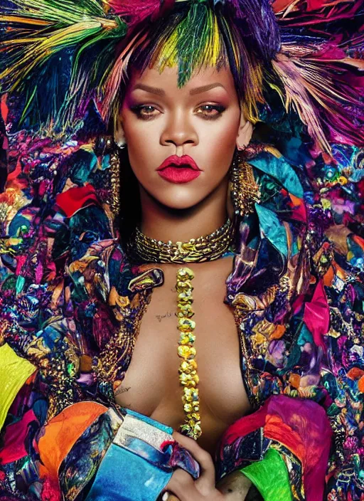 Prompt: rihanna styled by nick knight, colourful clothing, intricate headpiece, dramatic lighting, posing, high fashion classy, glamour, full body shot, set pieces, intricate set, vogue magazine, canon, highly realistic. high resolution. highly detailed. dramatic. 8 k. 4 k.
