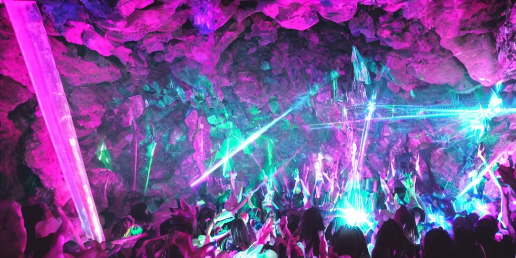 Image similar to goth disco in a cave with pink lasers and blue crystals forming a sphere of knives