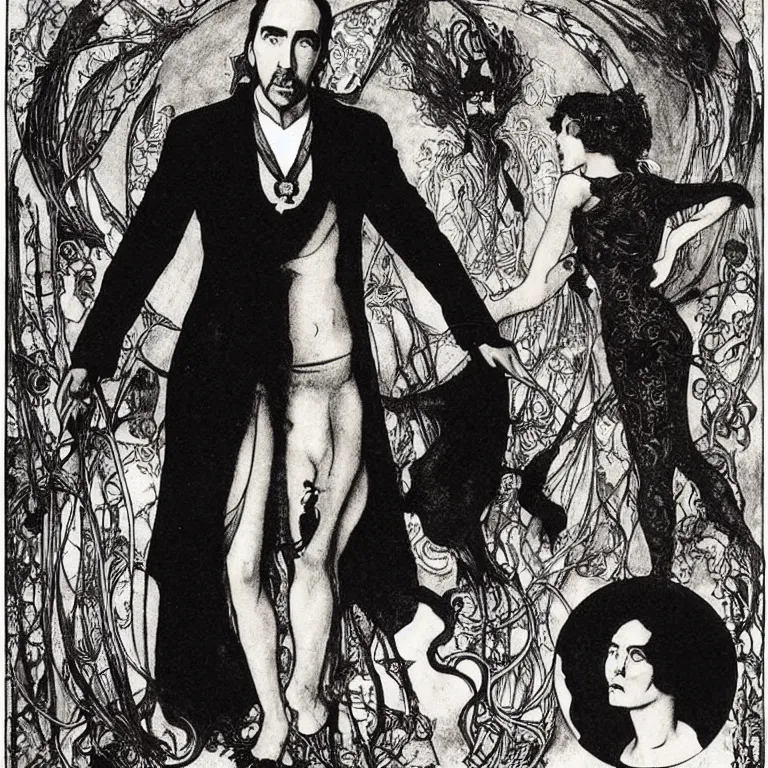 Image similar to nicholas cage stands in a black room with a black dress with a cut - out on the back, anton pieck, jean delville, amano, yves tanguy, alphonse mucha, ernst haeckel, edward robert hughes, stanisław szukalski and roger dean