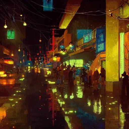 Prompt: Downtown Mexico, string lights, colorful lighting, night, by Tooth Wu, by Frank Lloyd Wright, by Greg Rutkowski