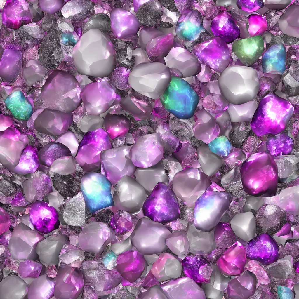 Prompt: high quality 4 k texture of glossy iridicent gem stones, sparkly, pink and white colour, realistic reflections, white background, 3 d octane render, blender design assets, 3 d, photo - realostic, high poly, 3 0 0 dpi, 8 k render, ue marketplace, unreal engine 5, volumetric lighting, realistic shadows,