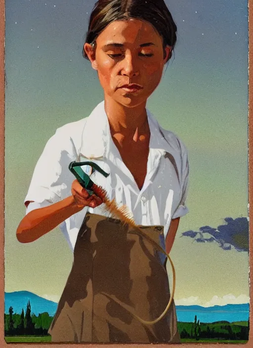 Image similar to composition by justine kurland, a zoomed out portrait of a beautiful tan skinned light brown hair maid in a white uniform cleaning in a scenic representation of mother nature and the meaning of life by billy childish, thick visible brush strokes, shadowy landscape painting in the background by beal gifford, vintage postcard illustration, minimalist cover art by mitchell hooks