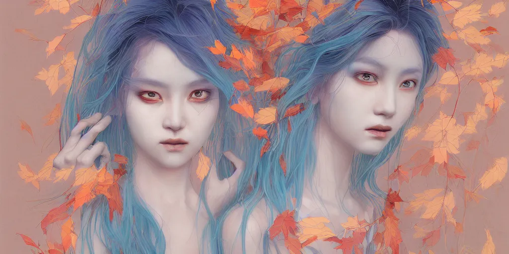 Image similar to breathtaking detailed concept art painting pattern of blue hair faces goddesses amalgamation autumn leaves with anxious piercing eyes, by hsiao - ron cheng and james jean, pastel colors, bizarre compositions, exquisite detail, 8 k