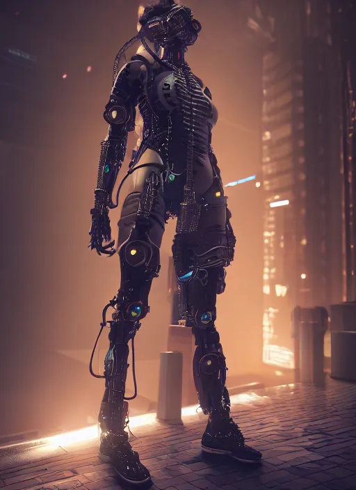 Prompt: highly detailed render of a female cyberpunk cyborg by moebius, cinematic lighting, hyperrealistic, octane render, unreal engine lumen, 8 k