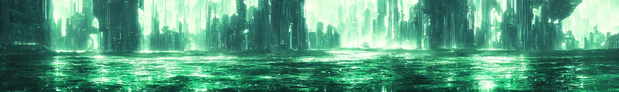 Image similar to reflective waves, cyberpunk texture, green coloring, by studio ghibli and greg rutkowski