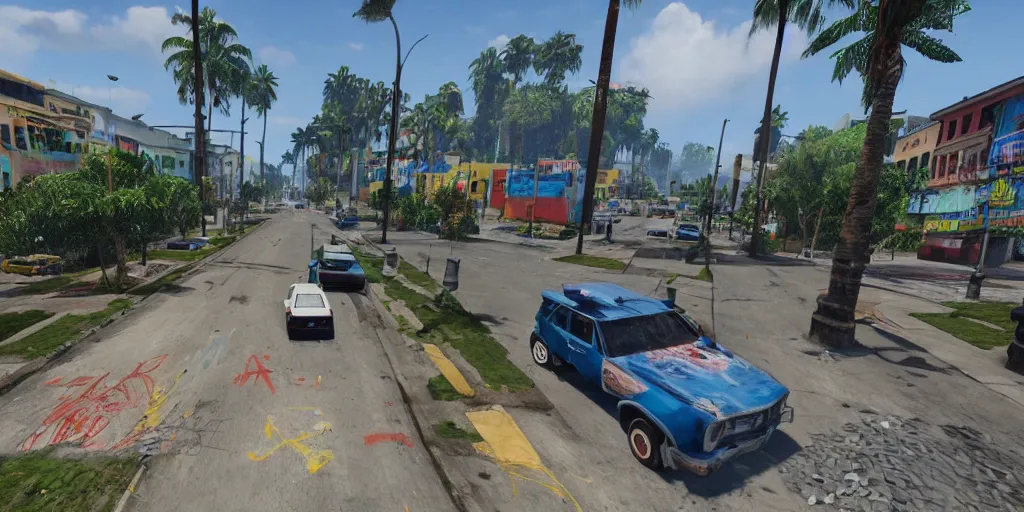 Image similar to el trebol guatemala city if it was a game like grand theft auto v first person view, with realistic visuals and award winning gameplay, graffiti