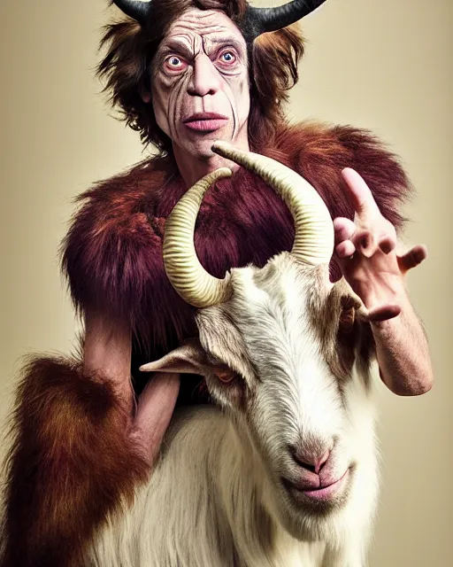 Image similar to actor Mick Jagger in Elaborate Pan Satyr Goat Man Makeup and prosthetics with large goat ears designed by Rick Baker, Hyperreal, Head Shots Photographed in the Style of Annie Leibovitz, Studio Lighting