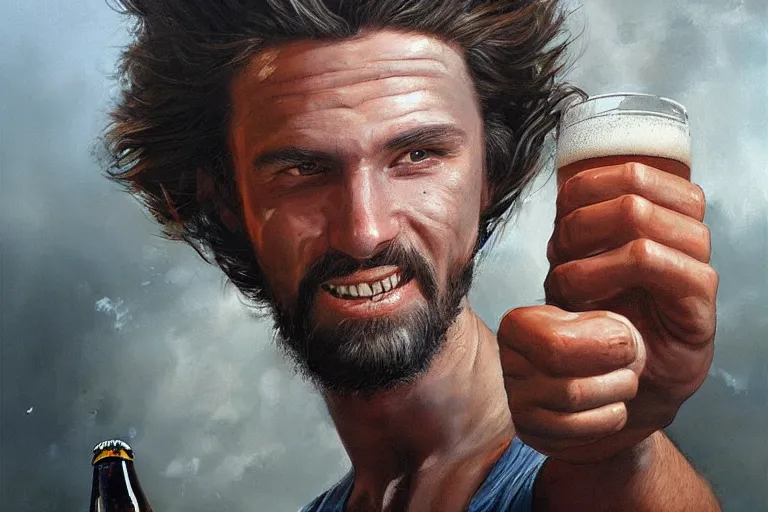 Image similar to a young man holding a beer giving a thumbs up with a long beard, airbrush painted, 80s poster, detailed, uncropped, painted by Bastien Lecouffe-Deharme