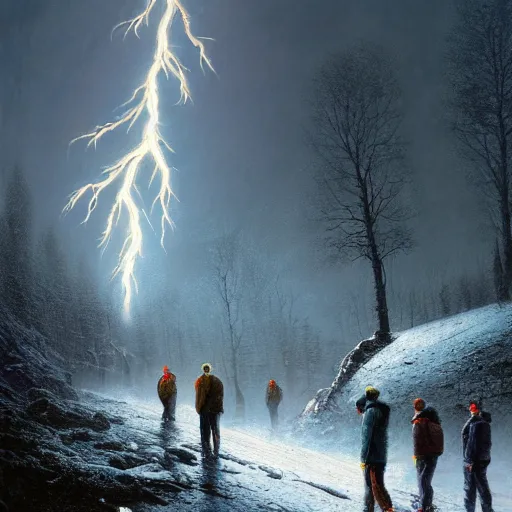 Image similar to a beautiful painting of group of climbers, extreme cold, storm, octane rendering, grim, dark, gloomy, cruel, volumetric lightning, hyperrealism, no blur, 4 k resolution, ultra detailed, style of john atkinson grimshaw, ivan shishkin, tyler edlin, scott listfield, eric zener