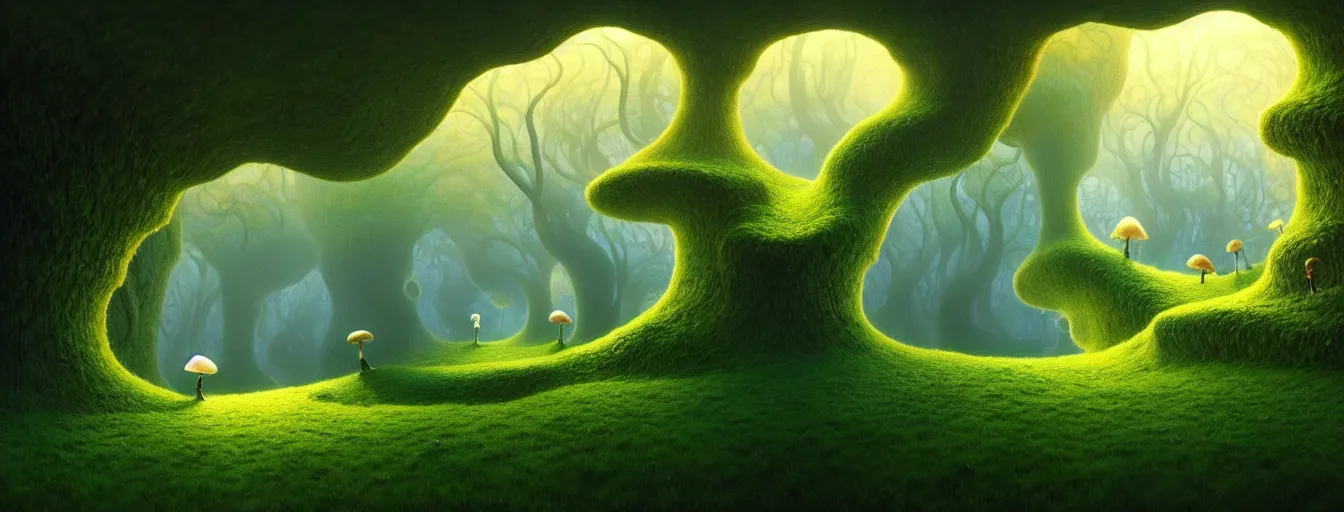 Image similar to gediminas pranckevicius beautiful and stunning professional digital artwork of a glowing mushroom cave haze spores floating in the air vines flow water volumetric lighting, hyperrealistic, rtx on, ultra detail, barlowe wayne, maxfield parrish and marco mazzoni, holes, infinite mirror, fragments | no signature!