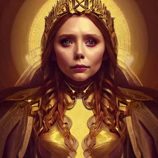 Prompt: elizabeth olsen as the goddess of fate and inevitability!!!, golden ratio!!!!!, centered, trending on artstation, 8 k quality, cgsociety contest winner, artstation hd, artstation hq, luminous lighting