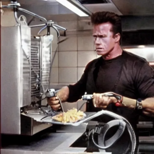 Prompt: The Terminator using a deep fryer in a fast food restaurant