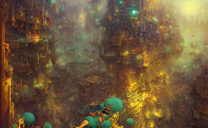 Prompt: the amazing floating city, fantasy, steampunk. intricate, amazing composition, colorful watercolor, by ruan jia, by maxfield parrish, by marc simonetti, by hikari shimoda, by robert hubert, by zhang kechun, illustration, gloomy