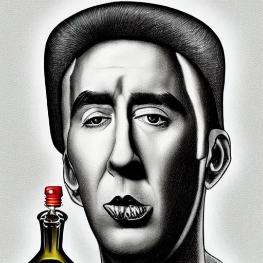 Image similar to Drinking from bottle Nicolas Cage in liquid form, Surrealism, Surreal drawing, Digital art, from artstation, art by Salvador Dali