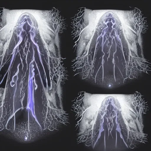 Image similar to concept designs for an ethereal ghostly wraith like figure made from electrical currents resembling a plasma lamp with a squid like parasite latched onto its head and long tentacle arms that flow lazily but gracefully at its sides like a cloak while it floats around a frozen rocky tundra in the snow searching for lost souls and that hides amongst the shadows in the trees, this character has hydrokinesis and electrokinesis for the resident evil village video game franchise with inspiration from the franchise Bloodborne and the mind flayer from stranger things on netflix in the style of a marvel comic