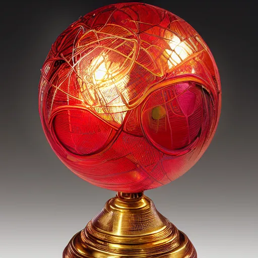 Image similar to a golden sphere handpainted, hyper detailed, red lighting from the side