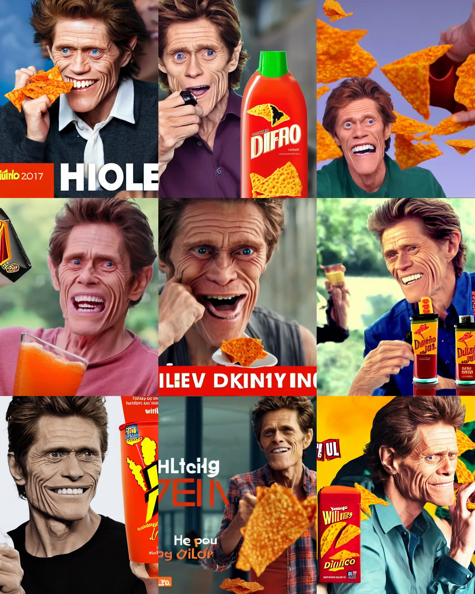 Prompt: young willem dafoe happily drinking dorito juice, 2 0 1 2 viral product advertisement hd, commercial banner, english text