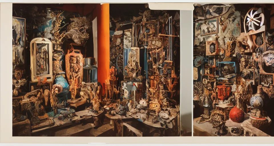 Image similar to A three color offset photography of objects on display, anthropology of wonder, exotic artifacts, weird devices, exhibition, 60s style