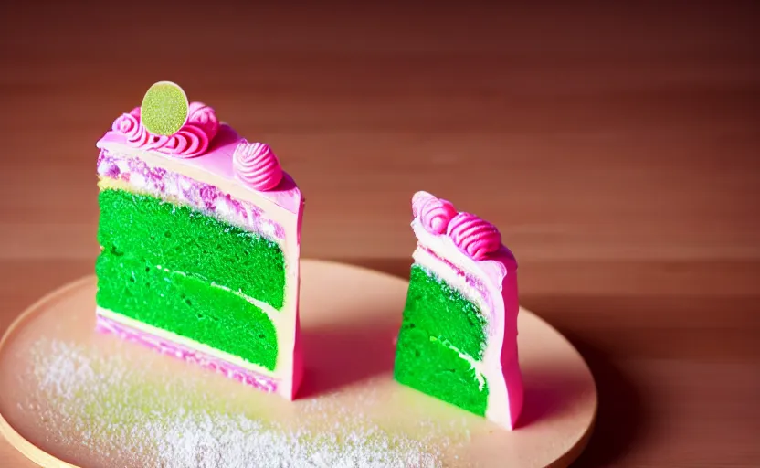 Image similar to A photo of a swedish princess cake from the side on a wooden table, covered with pink marzipan, some powder sugar and a green marzipan leaf in the center. Sunset. 4K. Cinematic lighting. High detail. Realistic. Delicious.