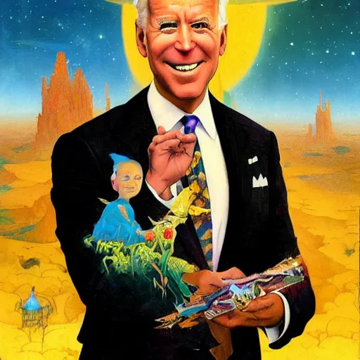 Image similar to ! dream solarpunk joe biden by j. c. leyendecker, bosch, lisa frank, jon mcnaughton, and beksinski