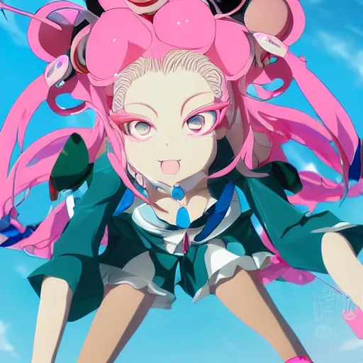 Prompt: stunningly beautiful omnipotent megalomaniacal anime goddess who looks like junko enoshima with symmetrical perfect face and porcelain skin, pink twintail hair and mesmerizing cyan eyes, looking down upon the viewer and taking control while smiling in a mischievous way, mid view from below her feet, hyperdetailed, photograph in frog's perspective, 8 k