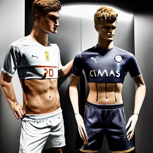 Image similar to a realistic detailed photo of a guy who is an attractive humanoid who is half robot and half humanoid, who is a male android, soccer players martin ødegaard & timo werner, shiny skin, posing like a statue, blank stare, in a factory, on display, showing off his muscles, gold soccer shorts, side view, looking at each other mindlessly