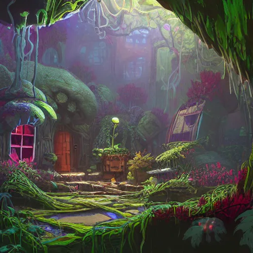 Prompt: concept art painting of a interior of a fungal cozy alien fantasy cottage, with black vines and magenta plants, realistic, detailed, cel shaded, dark, in the style of makoto shinkai and greg rutkowski and james gurney