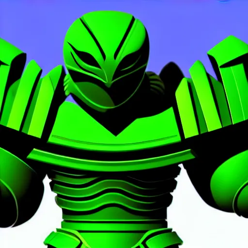 Image similar to a picture of a giant armour green man with his fist up in the alien land, vector art by mor than, low angle, trending on deviantart, mingei, flat shading, prerendered graphics, marvel comics, unreal engine 5