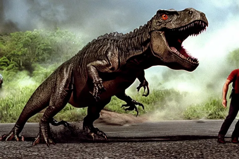 Prompt: T-rex chase scene in Jurassic park, Ian Malcolm is riding on the T-Rex