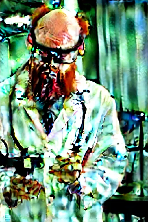 Image similar to an awkwardly tall scientist with 3 eyes and a tangled beard and unruly red hair atop his balding head wearing a labcoat and welding goggles and holding a beaker, high resolution film still, movie by Ivan Reitman