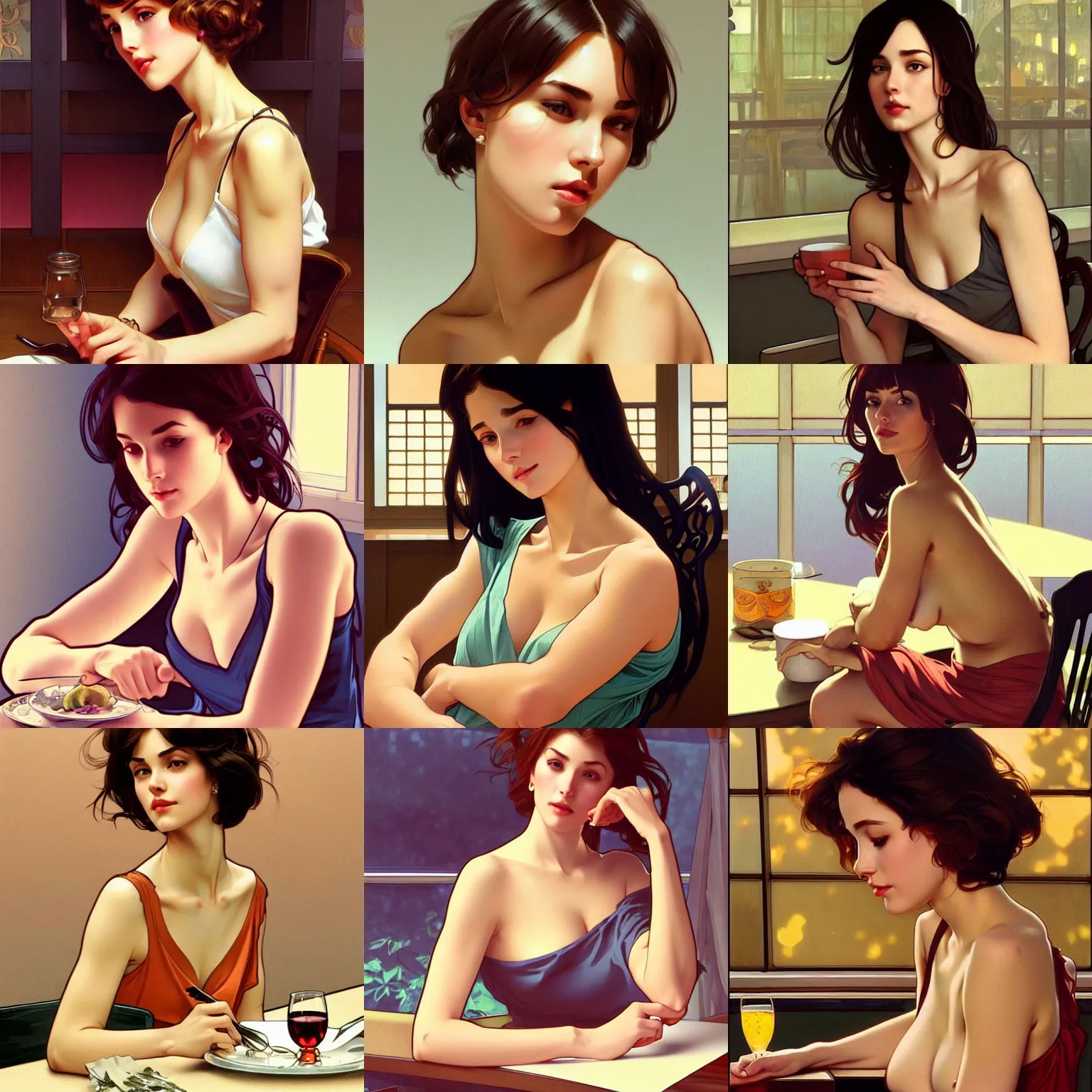 Prompt: sexy girl in a low cut blouse, seductive pose, sitting at a table. highly detailed, digital painting, artstation, concept art, smooth, sharp focus, illustration, art by artgerm and alphonse mucha, high definition digital art, ilya kuvshinov
