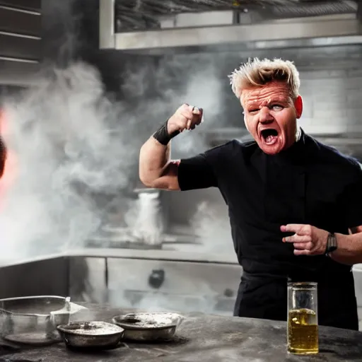 Image similar to Gordon Ramsay screams at Heisenberg in a meth lab, 4k image