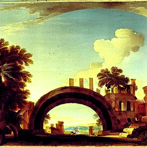 Prompt: view of the ruins of the arch of ronald macdonald by giovanni paolo panini