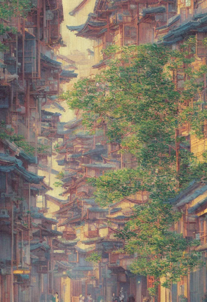 Image similar to a beautiful japanese city near the sea, amazing ryokans and gorgeous edo era houses, epic cyberpunk, lofi vibe, colorful, vivide colors, oil painting in impressionist style, by jeremy lipkin, by claude monet, by makoto shinkai, multiple brush strokes, inspired by ghibli, masterpiece, beautiful