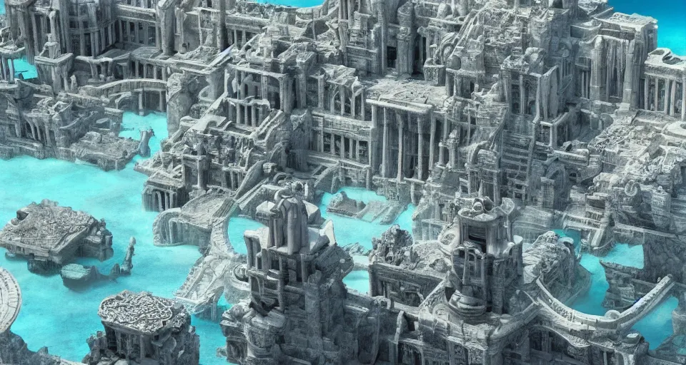 Prompt: a magnificent underwater view of the huge lost city of Atlantis, fully built buildings, white marble, hyper detailed, 4K