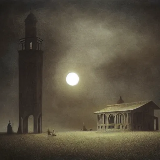 Image similar to a big mosque in a Village, horror, fog, foster, highly detailed, one house, fear, dark inside, black garb figures,eerie sun eclipse,hyper realistic, atmospheric lighting, beksinski